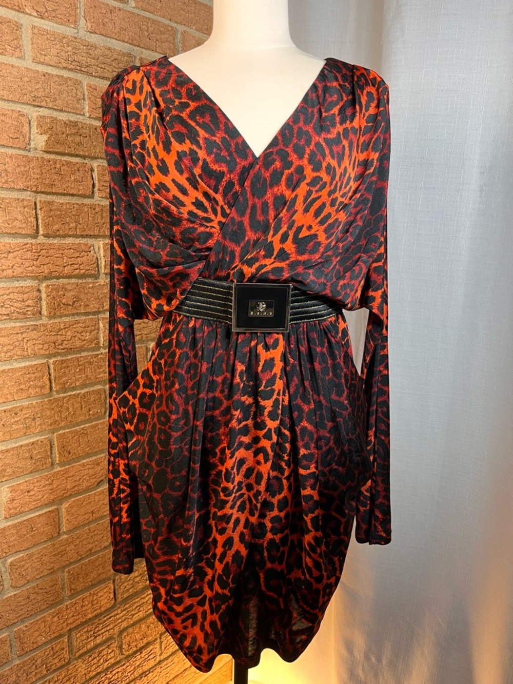 Hemline Leopard Print Draped Mini Dress Belted Y2K Glam Red Black POCKETS Small